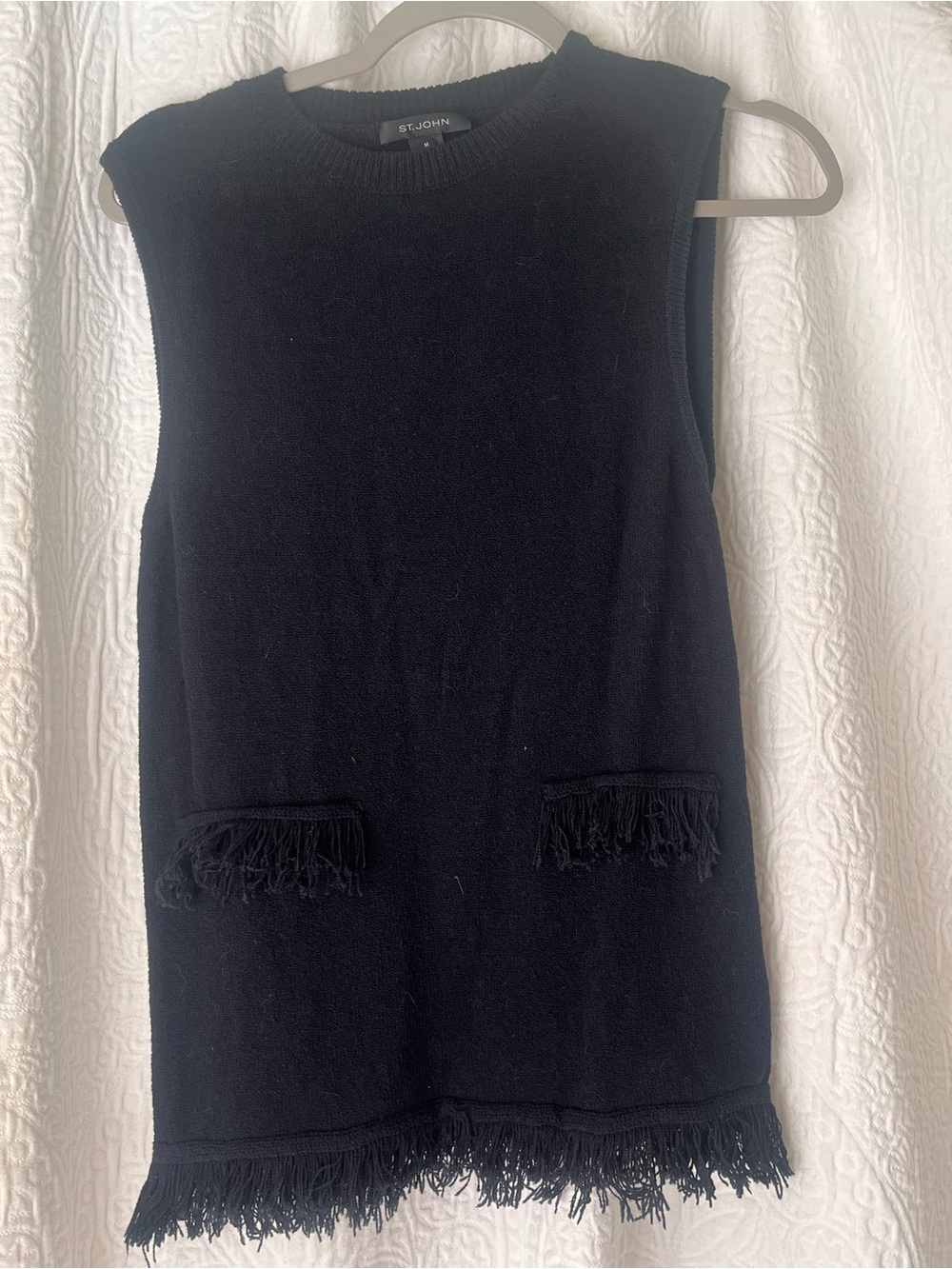 St. John Black Sleeveless Fringe-Trim Knit Top - Picture 2 of 4